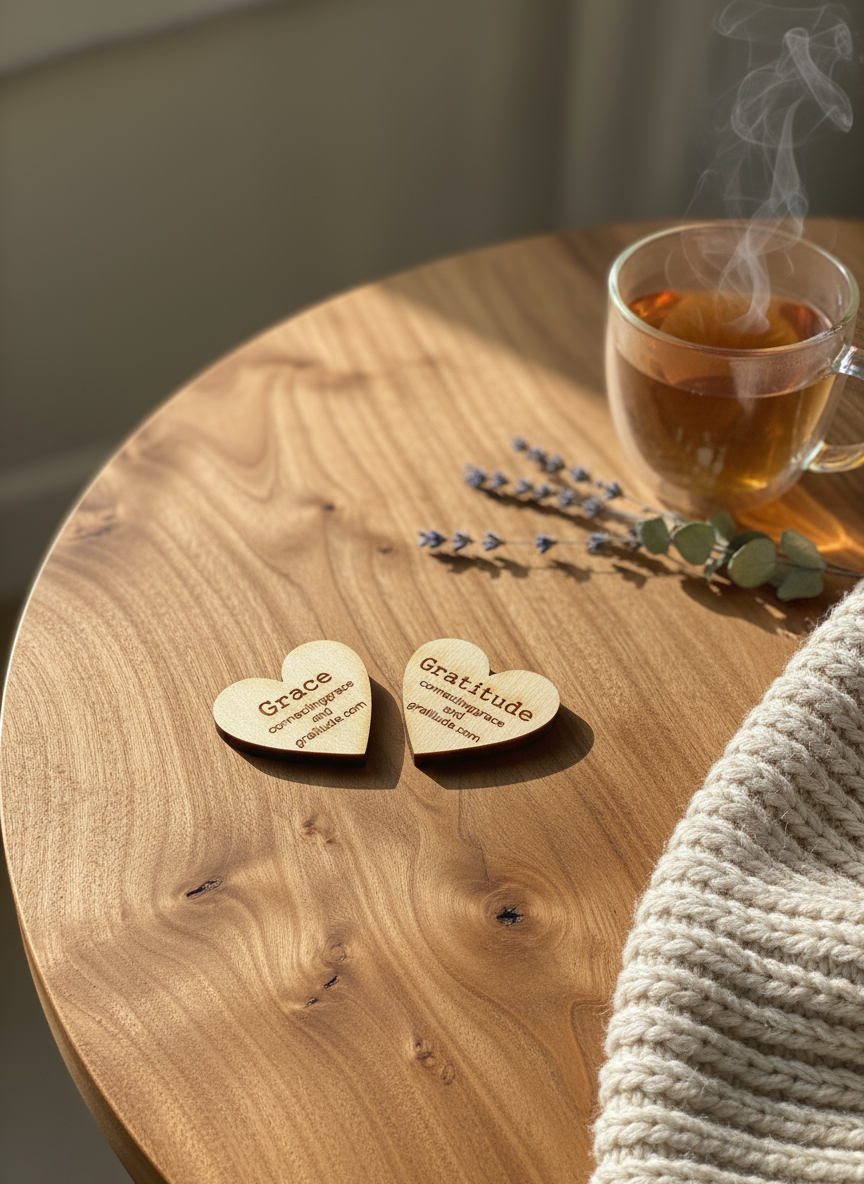 Wooden gratitude hearts resting together